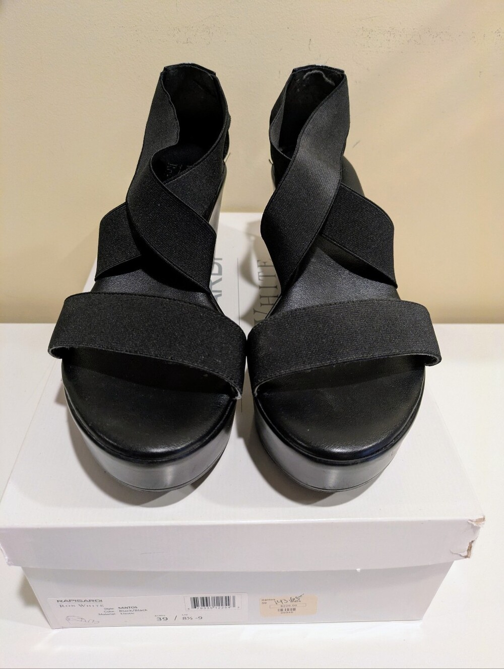 Rapisardi Ron White Stretch Strap Wedge Sandal Black Santos, size 39